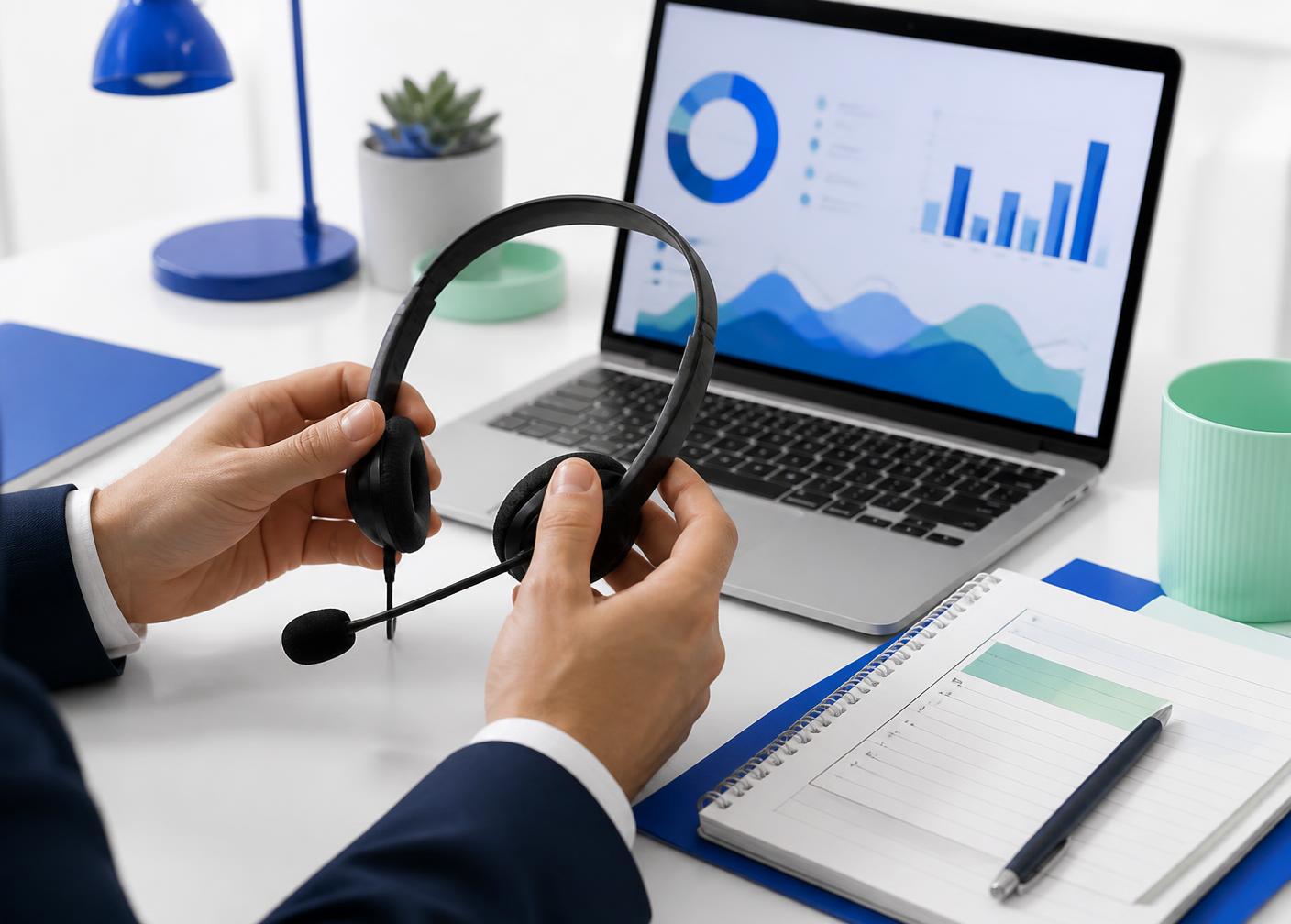 Poste de prospection téléphonique avec casque et suivi des performances